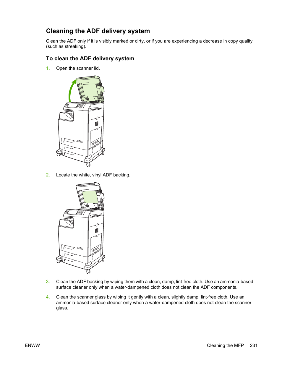Cleaning the adf delivery system, To clean the adf delivery system | HP Color LaserJet 4730 Multifunction Printer series User Manual | Page 251 / 412
