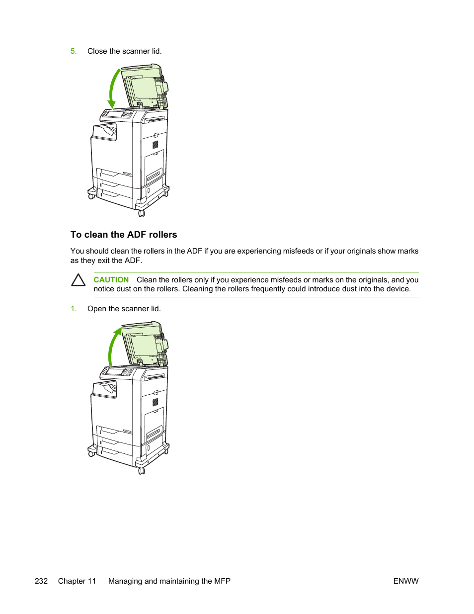 To clean the adf rollers | HP Color LaserJet 4730 Multifunction Printer series User Manual | Page 252 / 412