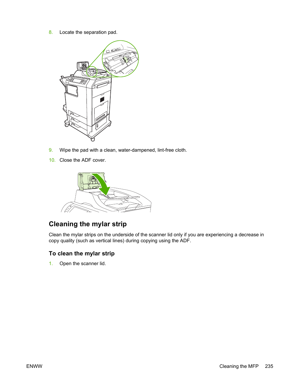 Cleaning the mylar strip, To clean the mylar strip | HP Color LaserJet 4730 Multifunction Printer series User Manual | Page 255 / 412