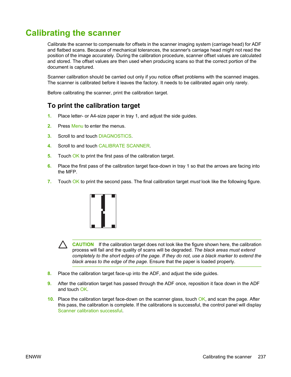 Calibrating the scanner, To print the calibration target | HP Color LaserJet 4730 Multifunction Printer series User Manual | Page 257 / 412