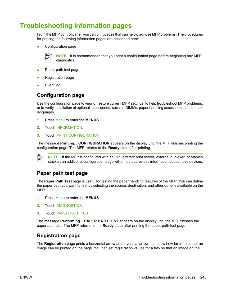 Troubleshooting information pages, Configuration page, Paper path test page | Registration page | HP Color LaserJet 4730 Multifunction Printer series User Manual | Page 263 / 412