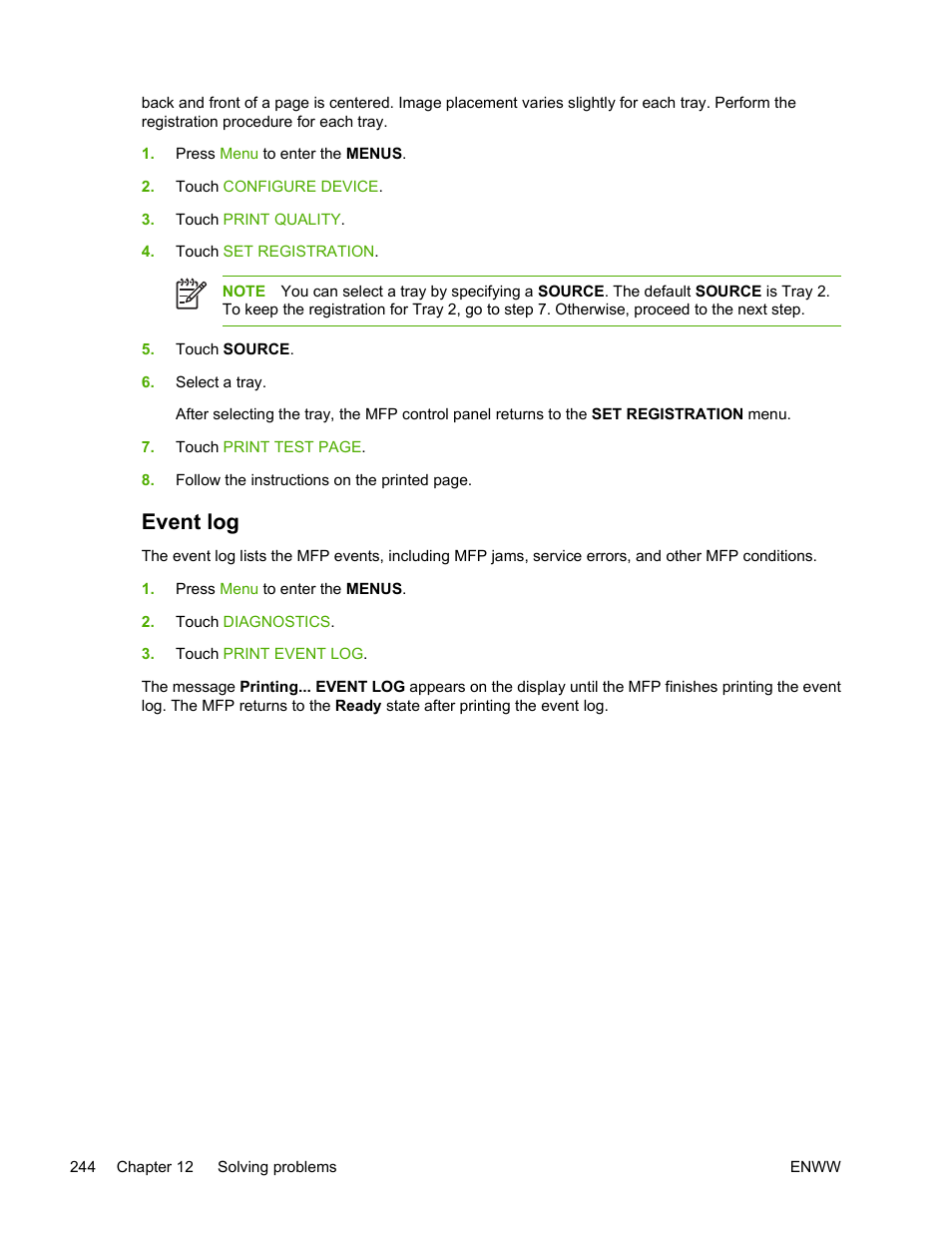 Event log | HP Color LaserJet 4730 Multifunction Printer series User Manual | Page 264 / 412