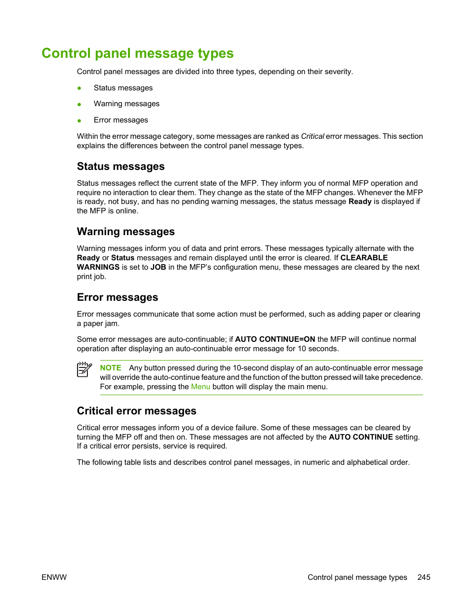 Control panel message types, Status messages, Warning messages | Error messages, Critical error messages, Status messages warning messages, Error messages critical error messages | HP Color LaserJet 4730 Multifunction Printer series User Manual | Page 265 / 412