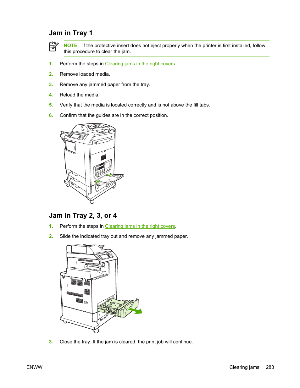 Jam in tray 1, Jam in tray 2, 3, or 4, Jam in tray 1 jam in tray 2, 3, or 4 | HP Color LaserJet 4730 Multifunction Printer series User Manual | Page 303 / 412