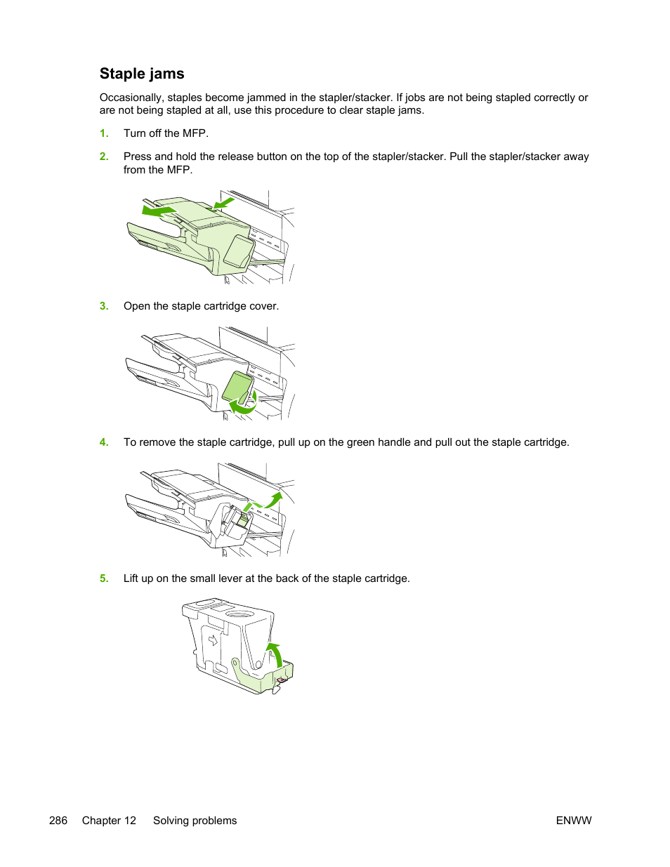 Staple jams | HP Color LaserJet 4730 Multifunction Printer series User Manual | Page 306 / 412
