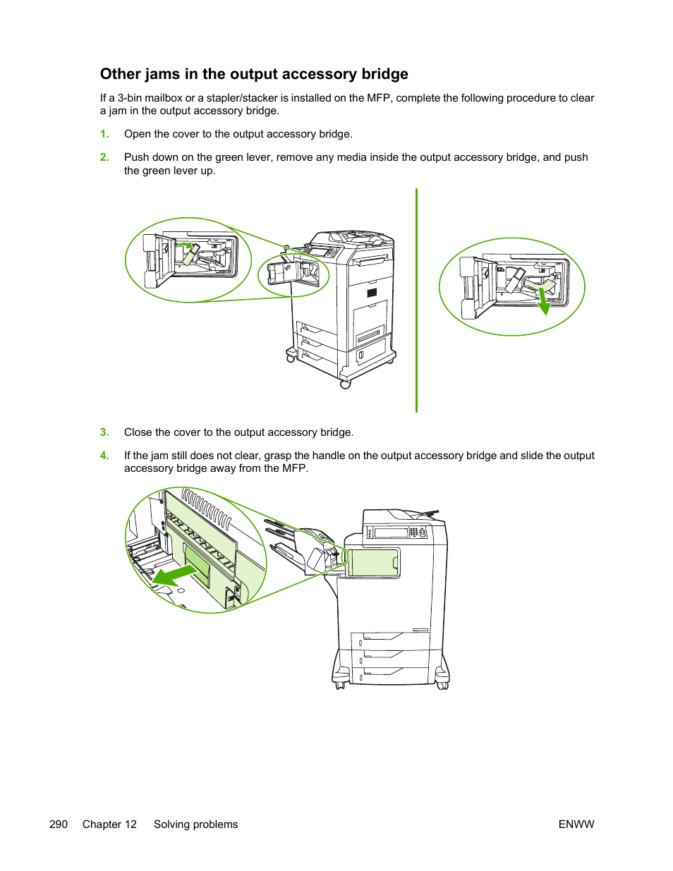Other jams in the output accessory bridge | HP Color LaserJet 4730 Multifunction Printer series User Manual | Page 310 / 412