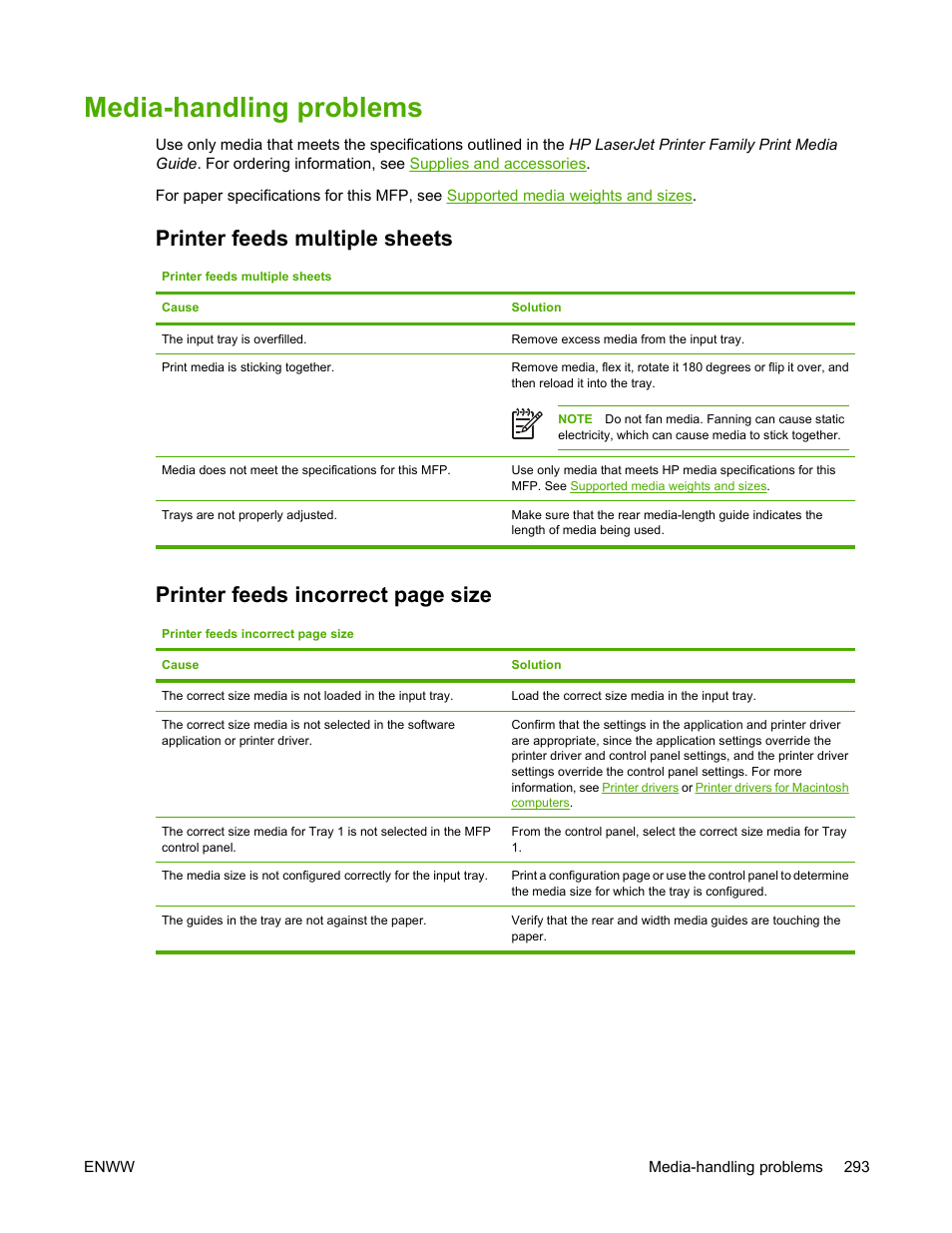 Media-handling problems, Printer feeds multiple sheets, Printer feeds incorrect page size | HP Color LaserJet 4730 Multifunction Printer series User Manual | Page 313 / 412