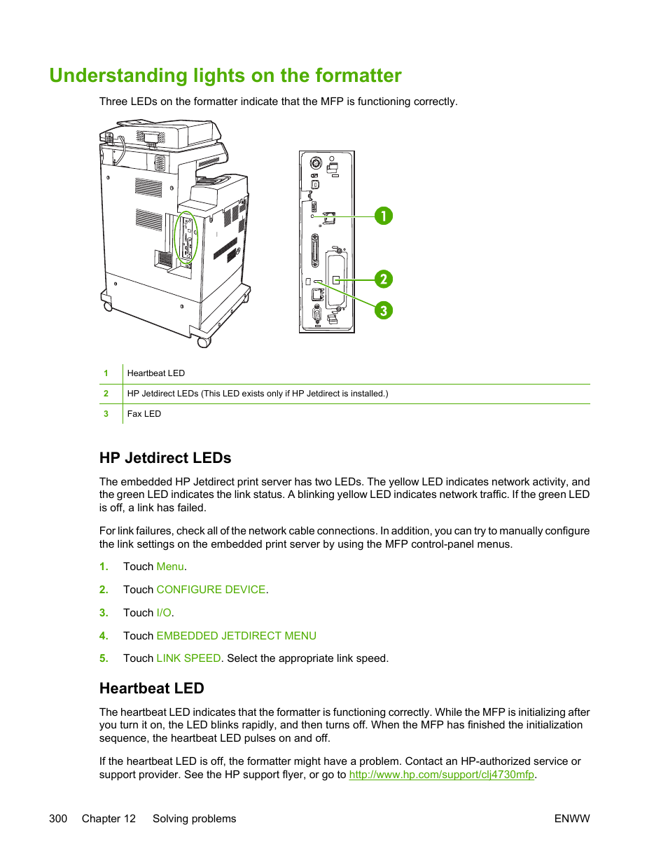 Understanding lights on the formatter, Hp jetdirect leds, Heartbeat led | Hp jetdirect leds heartbeat led | HP Color LaserJet 4730 Multifunction Printer series User Manual | Page 320 / 412