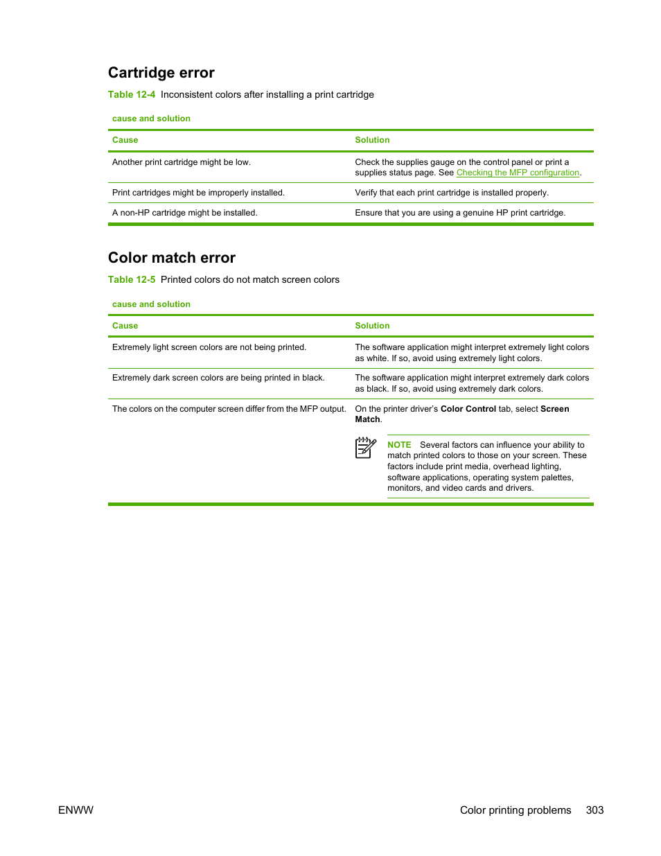 Cartridge error, Color match error, Cartridge error color match error | HP Color LaserJet 4730 Multifunction Printer series User Manual | Page 323 / 412