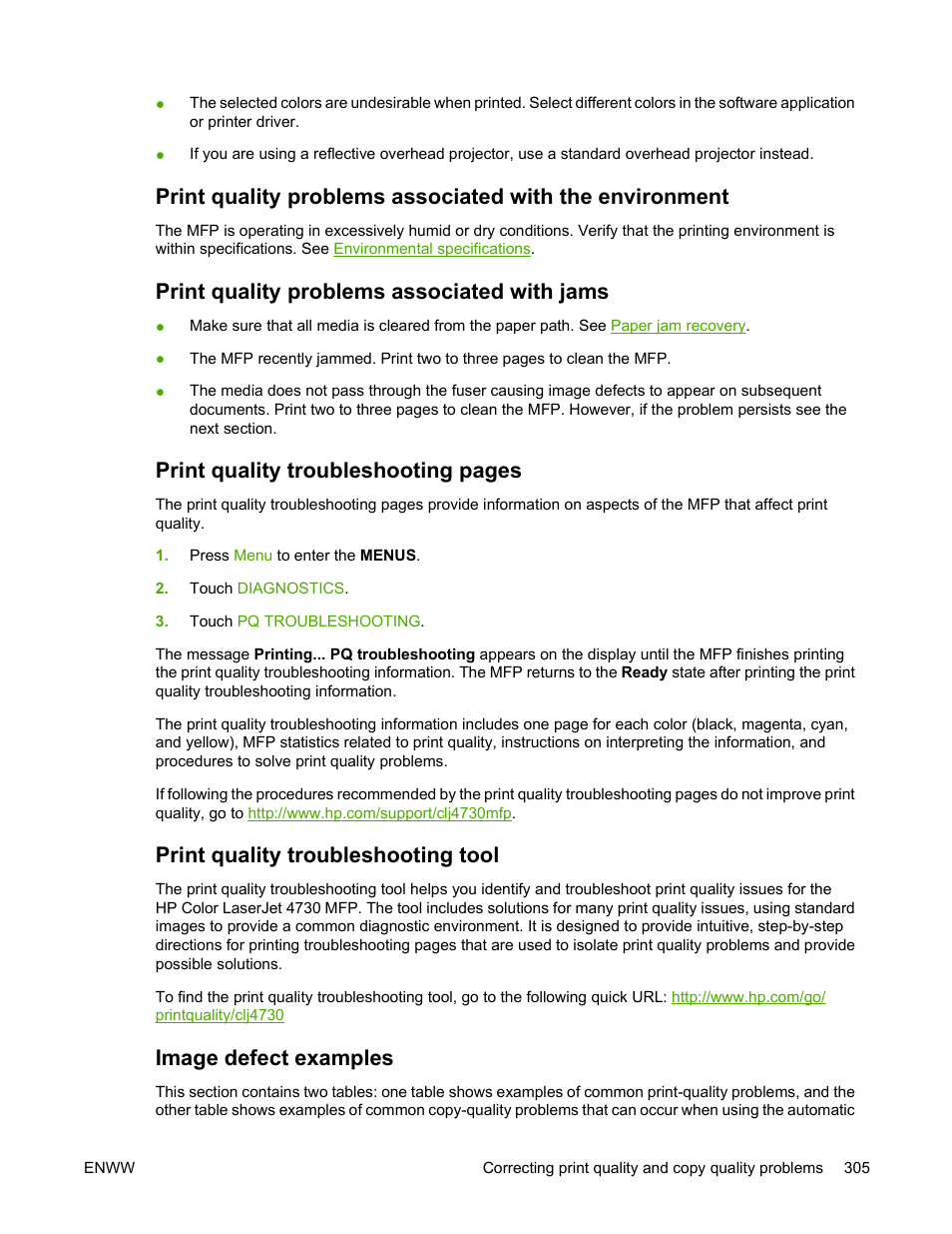 Print quality problems associated with jams, Print quality troubleshooting tool, Image defect examples | Print quality troubleshooting pages | HP Color LaserJet 4730 Multifunction Printer series User Manual | Page 325 / 412