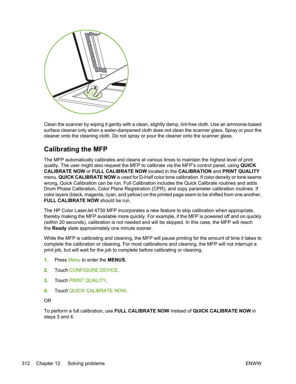 Calibrating the mfp, Calibrating the | HP Color LaserJet 4730 Multifunction Printer series User Manual | Page 332 / 412