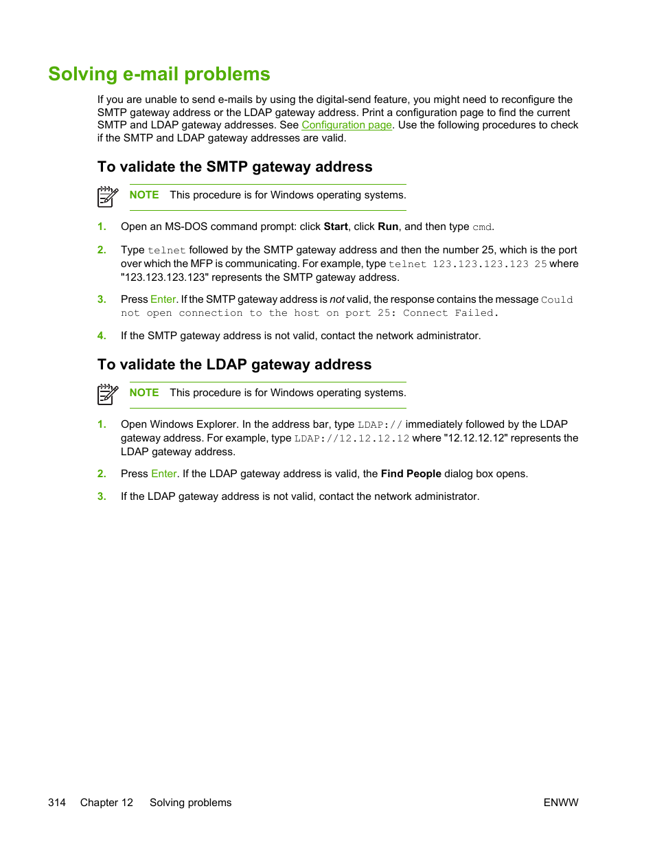 Solving e-mail problems, To validate the smtp gateway address, To validate the ldap gateway address | HP Color LaserJet 4730 Multifunction Printer series User Manual | Page 334 / 412