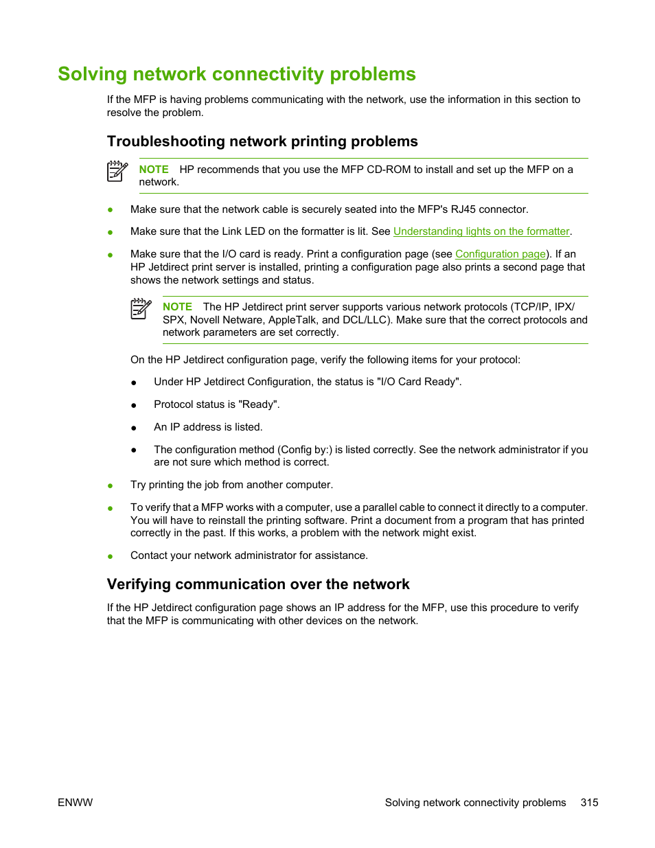 Solving network connectivity problems, Troubleshooting network printing problems, Verifying communication over the network | HP Color LaserJet 4730 Multifunction Printer series User Manual | Page 335 / 412