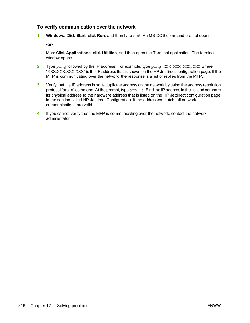 To verify communication over the network | HP Color LaserJet 4730 Multifunction Printer series User Manual | Page 336 / 412