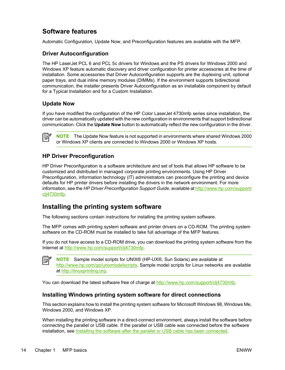 Software features, Driver autoconfiguration, Update now | Hp driver preconfiguration, Installing the printing system software | HP Color LaserJet 4730 Multifunction Printer series User Manual | Page 34 / 412