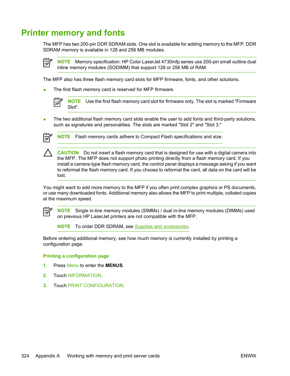 Printer memory and fonts | HP Color LaserJet 4730 Multifunction Printer series User Manual | Page 344 / 412