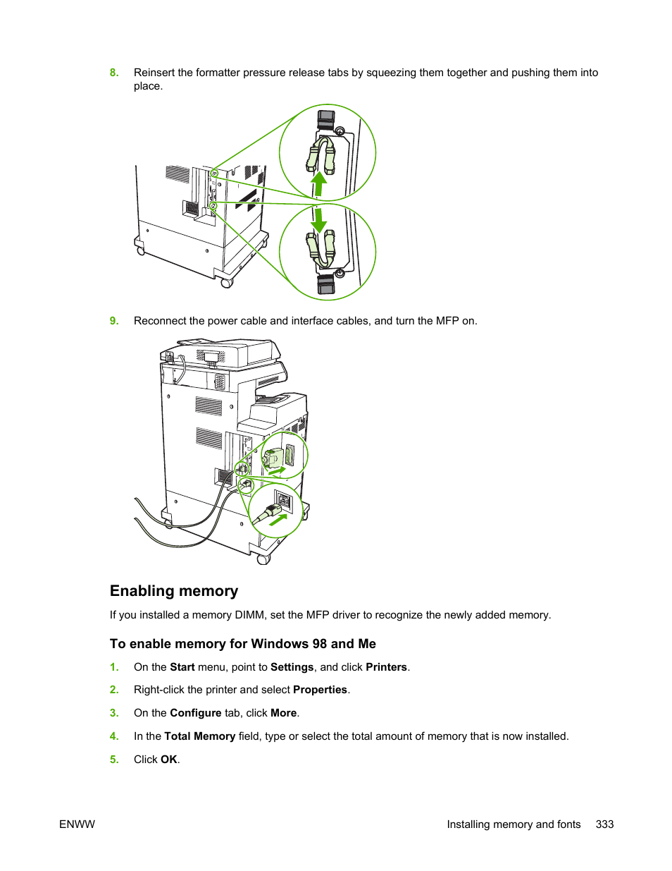 Enabling memory, To enable memory for windows 98 and me | HP Color LaserJet 4730 Multifunction Printer series User Manual | Page 353 / 412