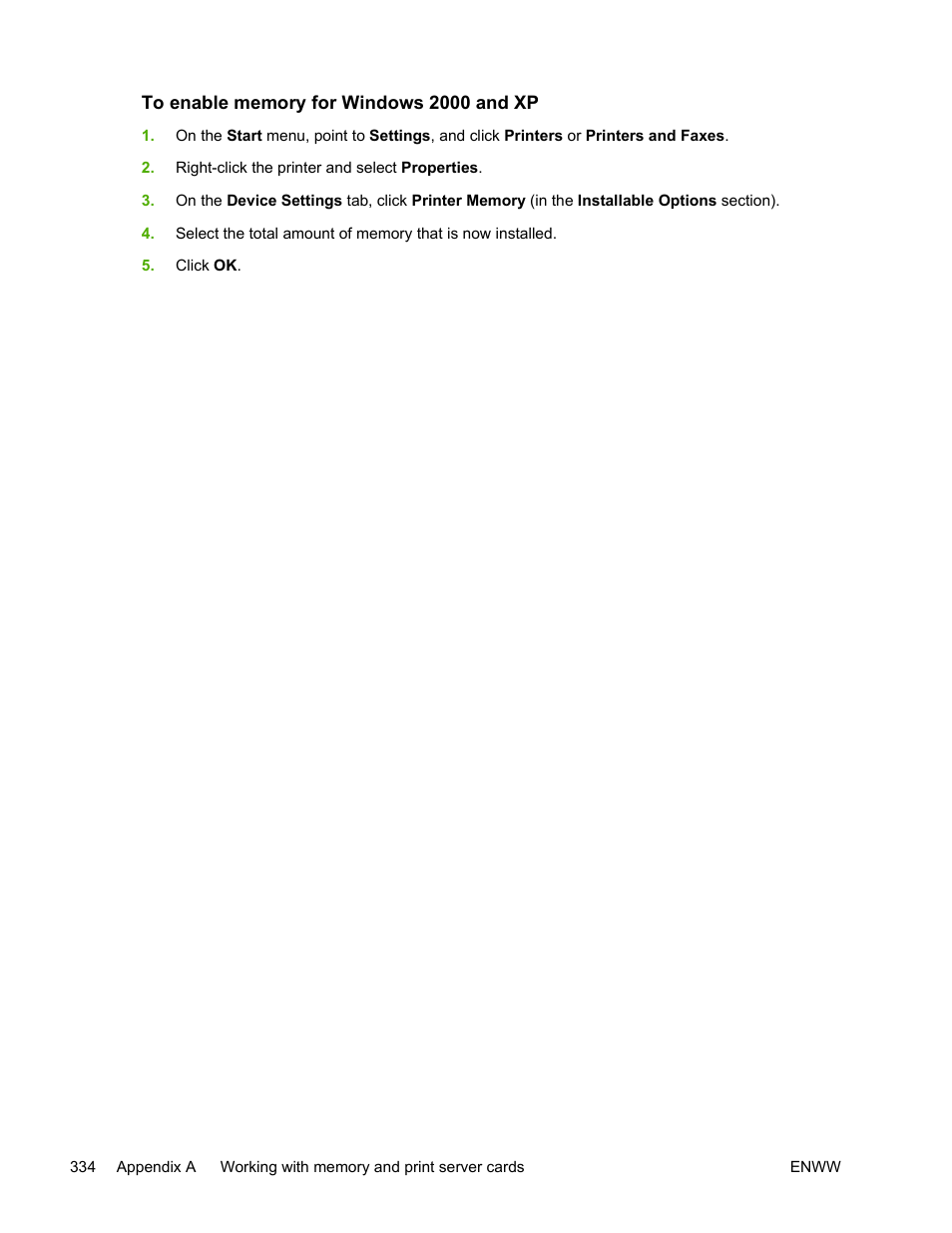 To enable memory for windows 2000 and xp | HP Color LaserJet 4730 Multifunction Printer series User Manual | Page 354 / 412