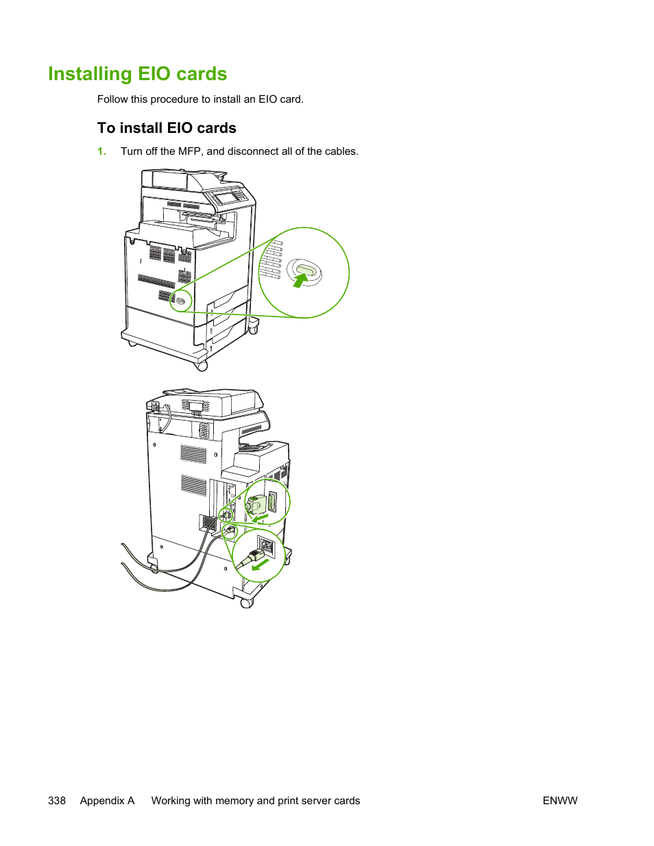 Installing eio cards, To install eio cards | HP Color LaserJet 4730 Multifunction Printer series User Manual | Page 358 / 412
