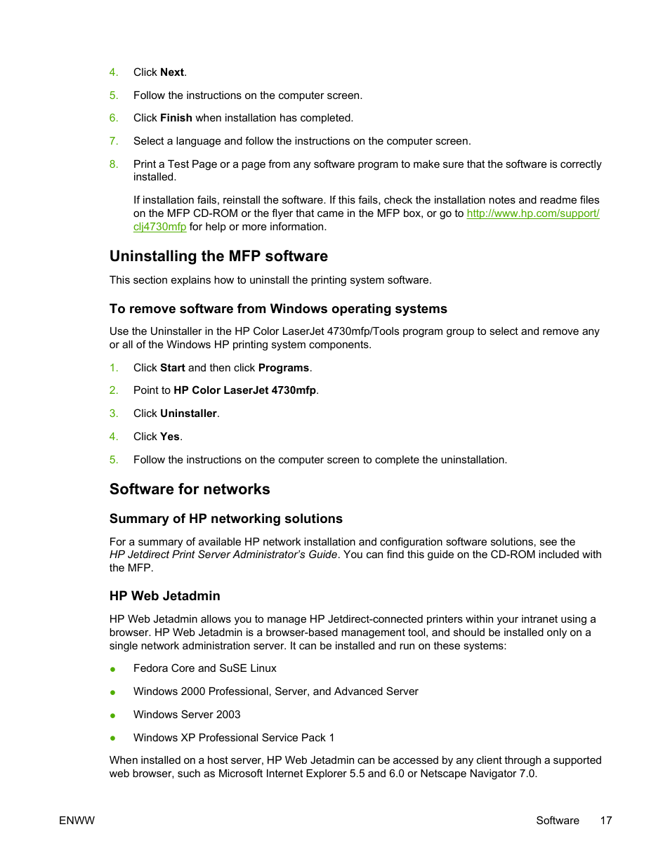 Uninstalling the mfp software, To remove software from windows operating systems, Software for networks | Summary of hp networking solutions, Hp web jetadmin, Summary of hp networking solutions hp web jetadmin | HP Color LaserJet 4730 Multifunction Printer series User Manual | Page 37 / 412