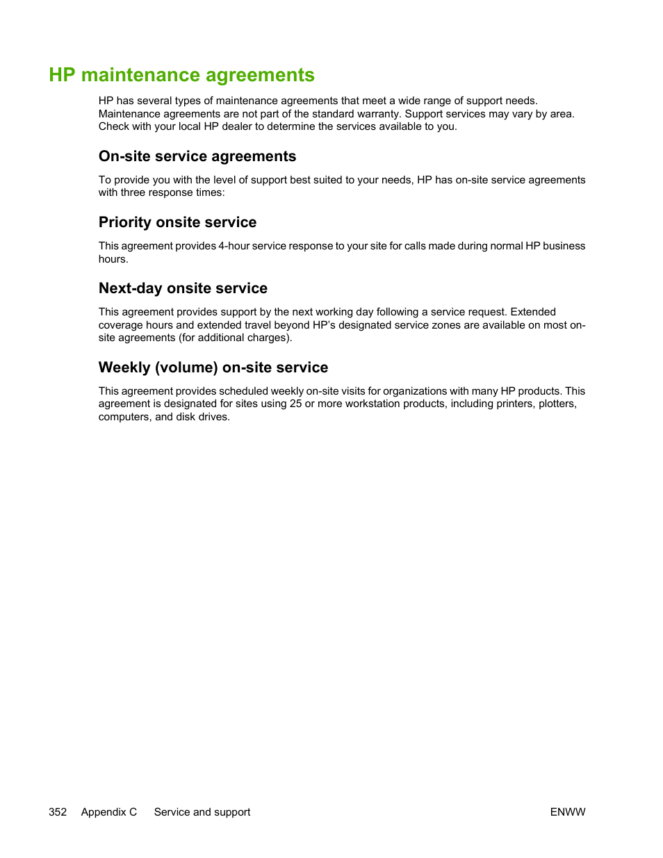 Hp maintenance agreements, On-site service agreements, Priority onsite service | Next-day onsite service, Weekly (volume) on-site service | HP Color LaserJet 4730 Multifunction Printer series User Manual | Page 372 / 412