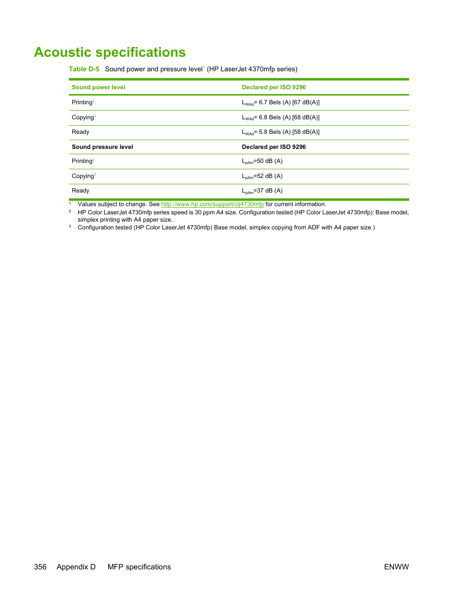 Acoustic specifications, 356 appendix d mfp specifications enww | HP Color LaserJet 4730 Multifunction Printer series User Manual | Page 376 / 412