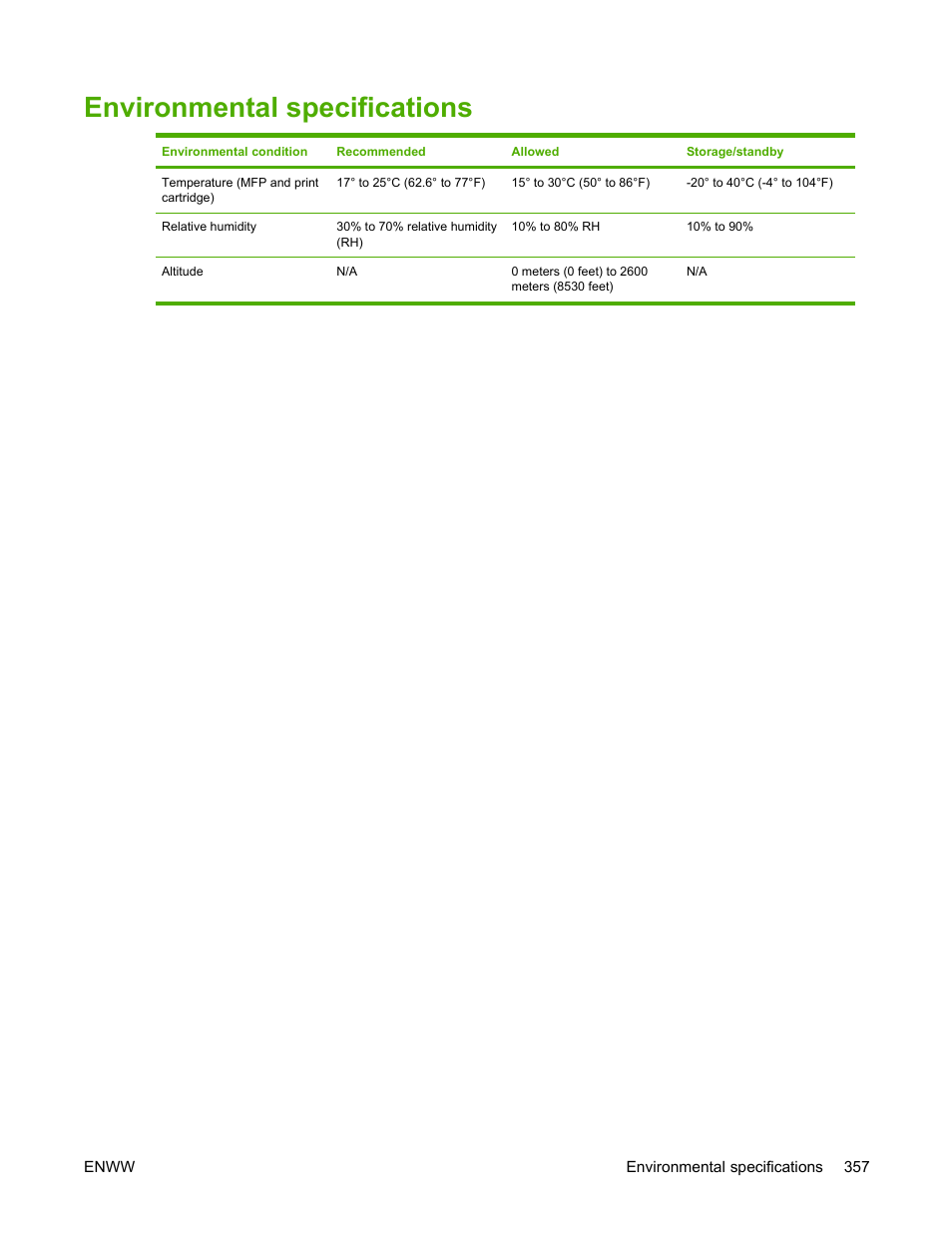 Environmental specifications | HP Color LaserJet 4730 Multifunction Printer series User Manual | Page 377 / 412