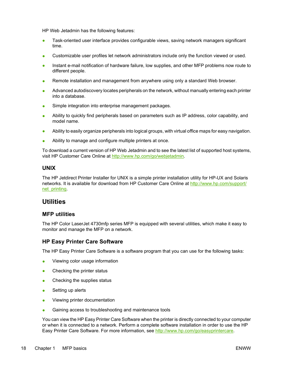 Unix, Utilities, Mfp utilities | Hp easy printer care software, Mfp utilities hp easy printer care software | HP Color LaserJet 4730 Multifunction Printer series User Manual | Page 38 / 412
