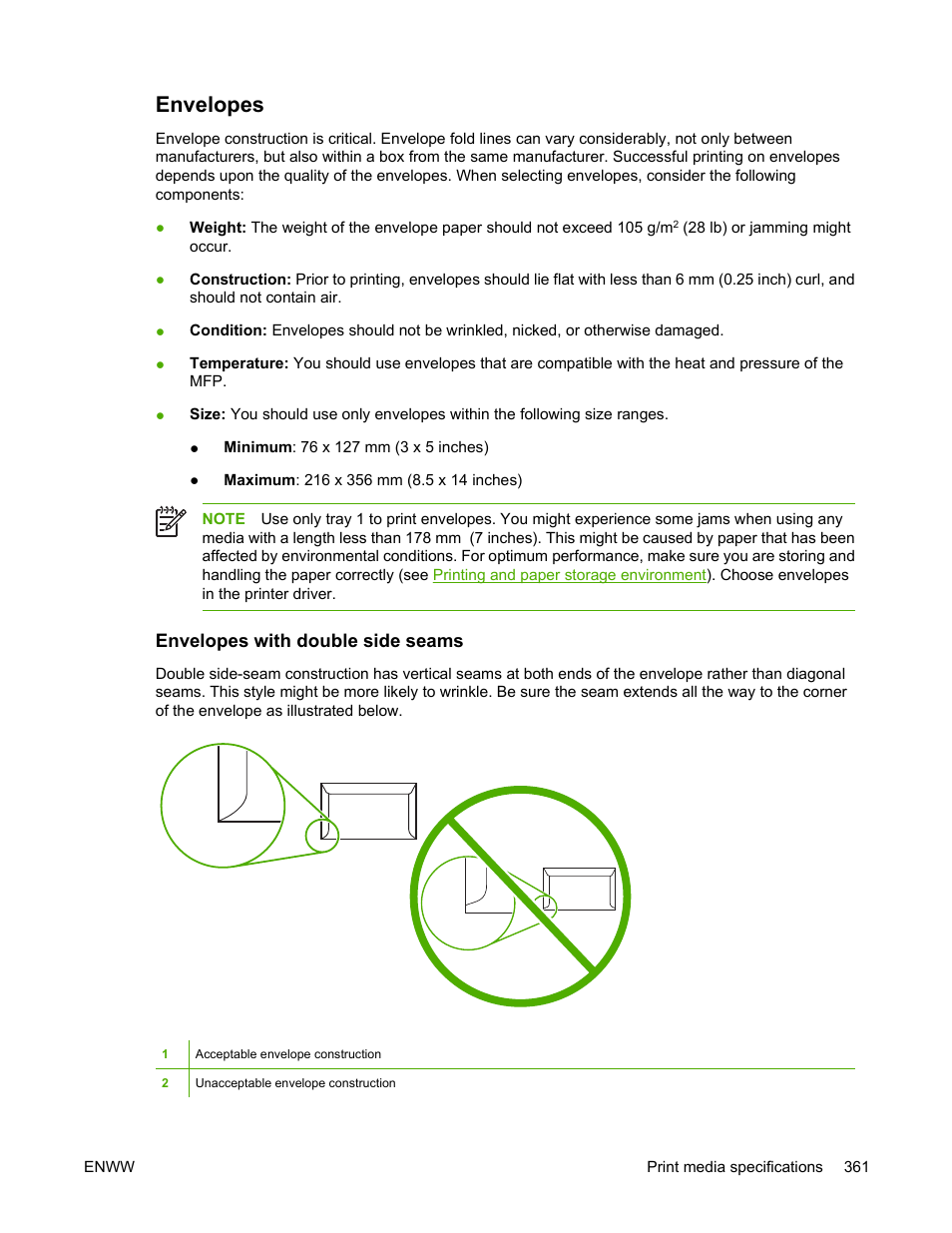 Envelopes, Envelopes with double side seams | HP Color LaserJet 4730 Multifunction Printer series User Manual | Page 381 / 412