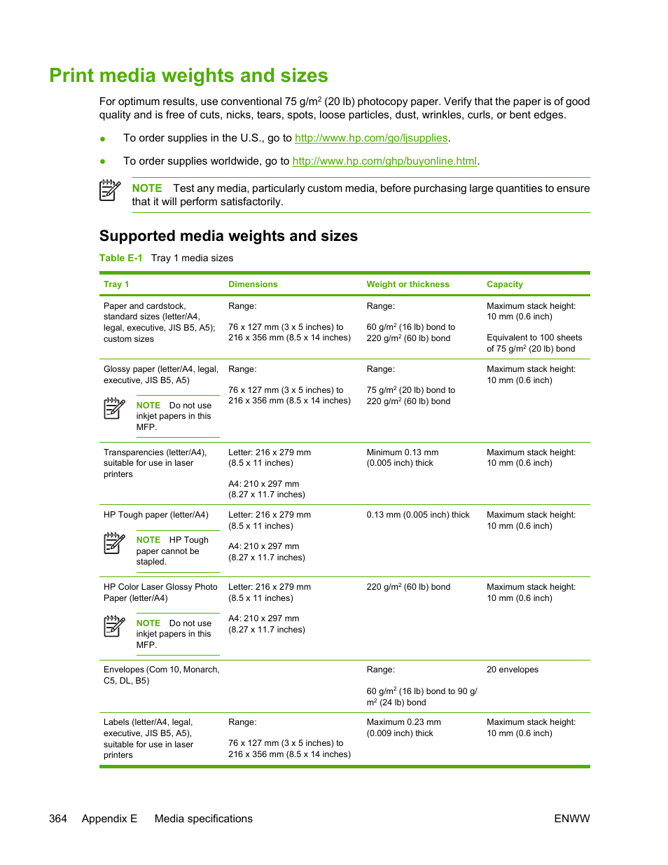 Print media weights and sizes, Supported media weights and sizes, Supported media | Weights and sizes, Supported media weights, And sizes | HP Color LaserJet 4730 Multifunction Printer series User Manual | Page 384 / 412