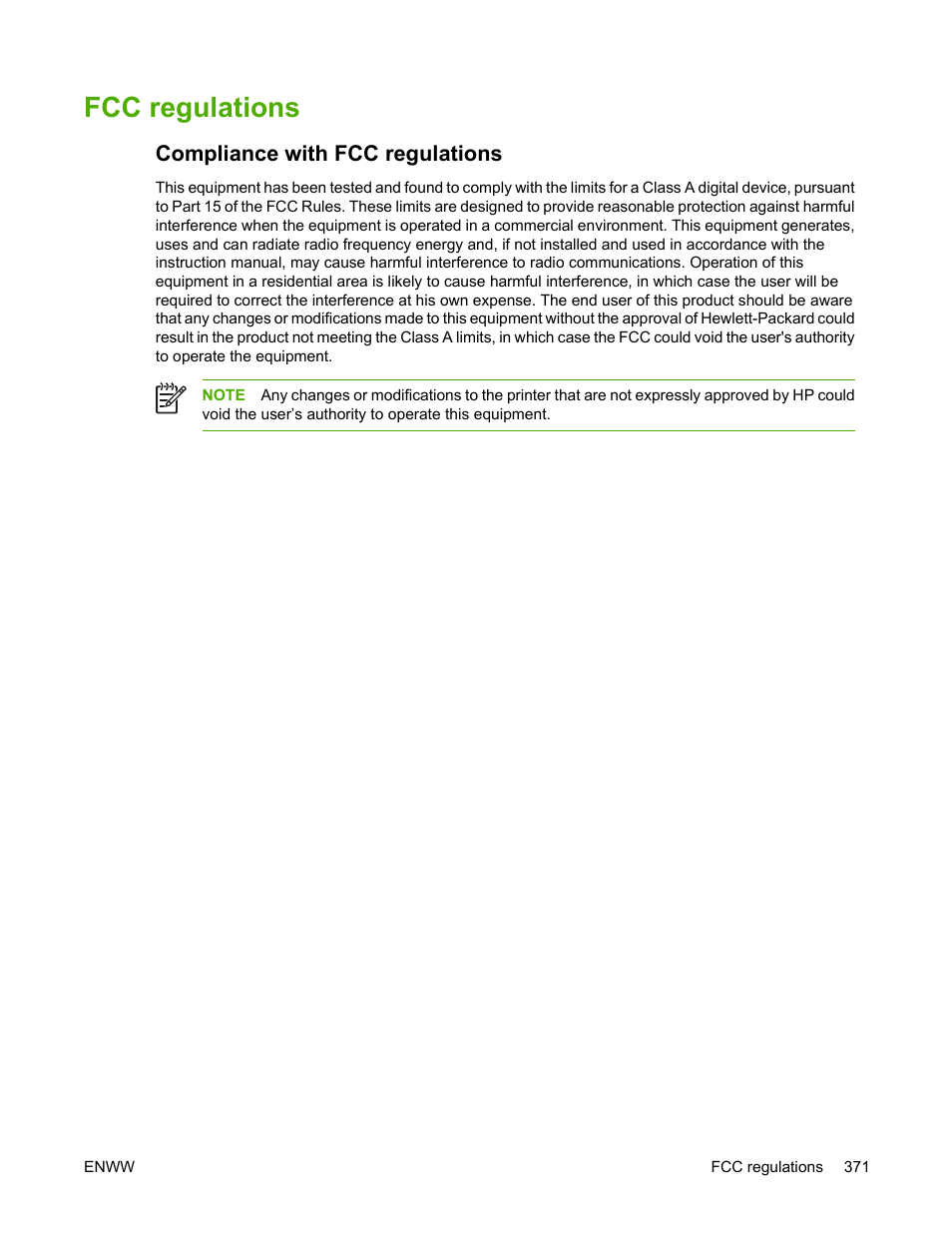 Fcc regulations, Compliance with fcc regulations | HP Color LaserJet 4730 Multifunction Printer series User Manual | Page 391 / 412