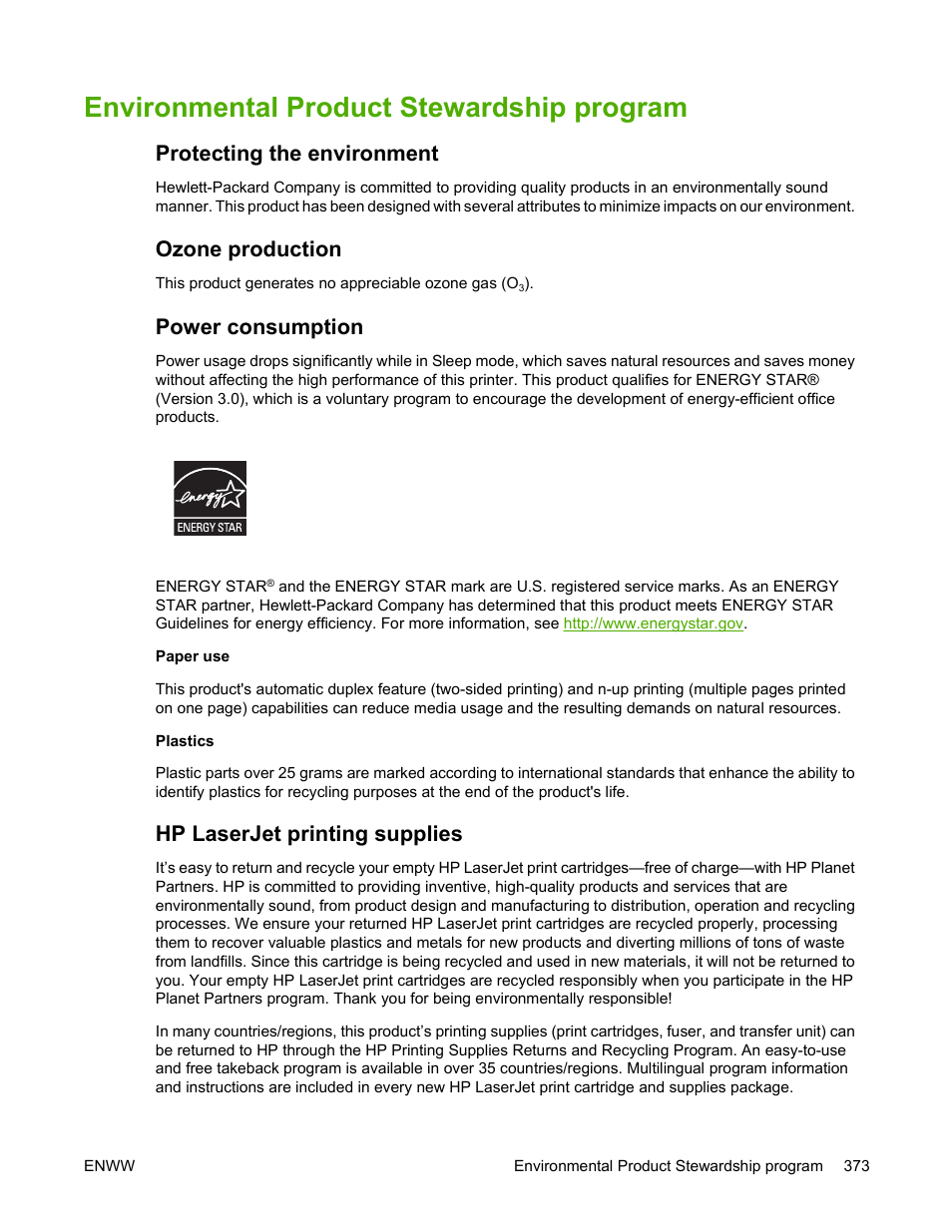 Environmental product stewardship program, Protecting the environment, Ozone production | Power consumption, Hp laserjet printing supplies, Environmental product, Stewardship program | HP Color LaserJet 4730 Multifunction Printer series User Manual | Page 393 / 412