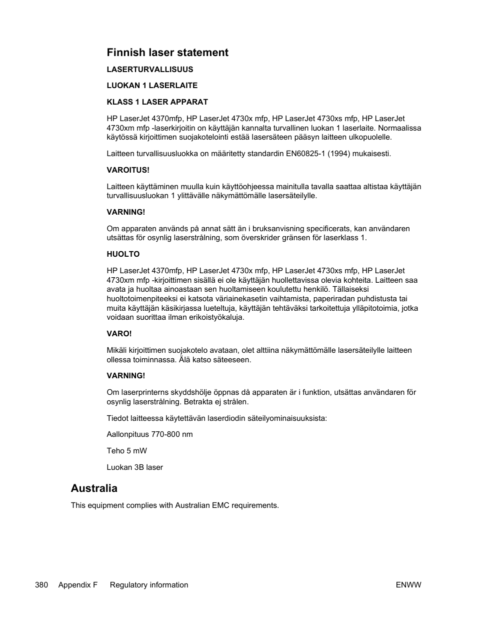 Finnish laser statement, Australia | HP Color LaserJet 4730 Multifunction Printer series User Manual | Page 400 / 412