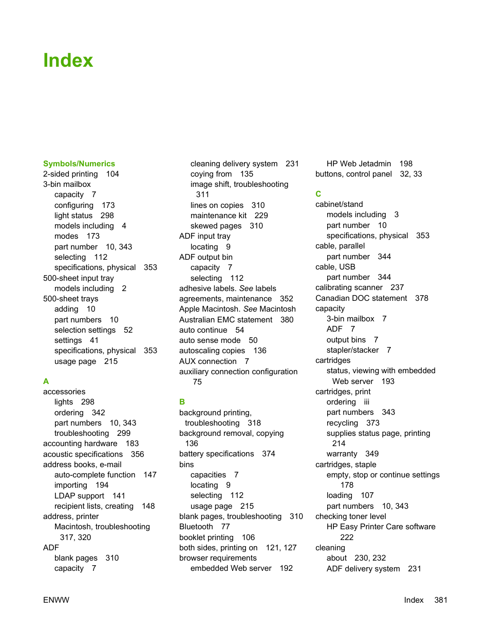 Index | HP Color LaserJet 4730 Multifunction Printer series User Manual | Page 401 / 412