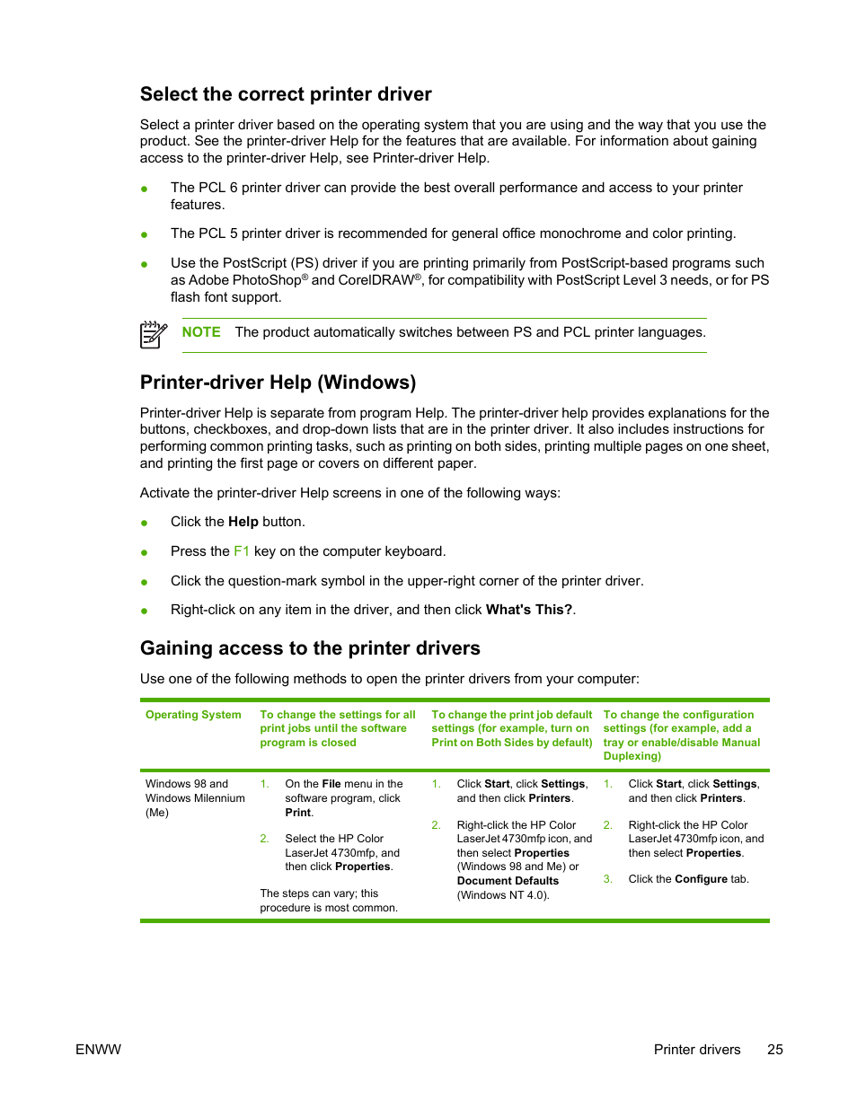 Select the correct printer driver, Printer-driver help (windows), Gaining access to the printer drivers | HP Color LaserJet 4730 Multifunction Printer series User Manual | Page 45 / 412