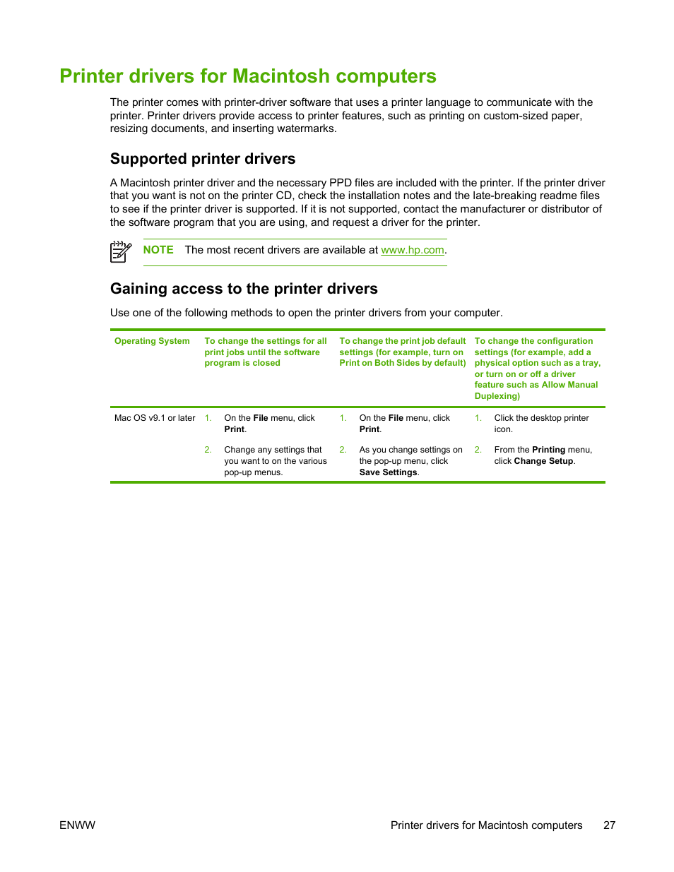 Printer drivers for macintosh computers, Supported printer drivers, Gaining access to the printer drivers | HP Color LaserJet 4730 Multifunction Printer series User Manual | Page 47 / 412