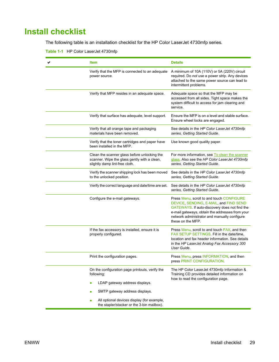 Install checklist | HP Color LaserJet 4730 Multifunction Printer series User Manual | Page 49 / 412