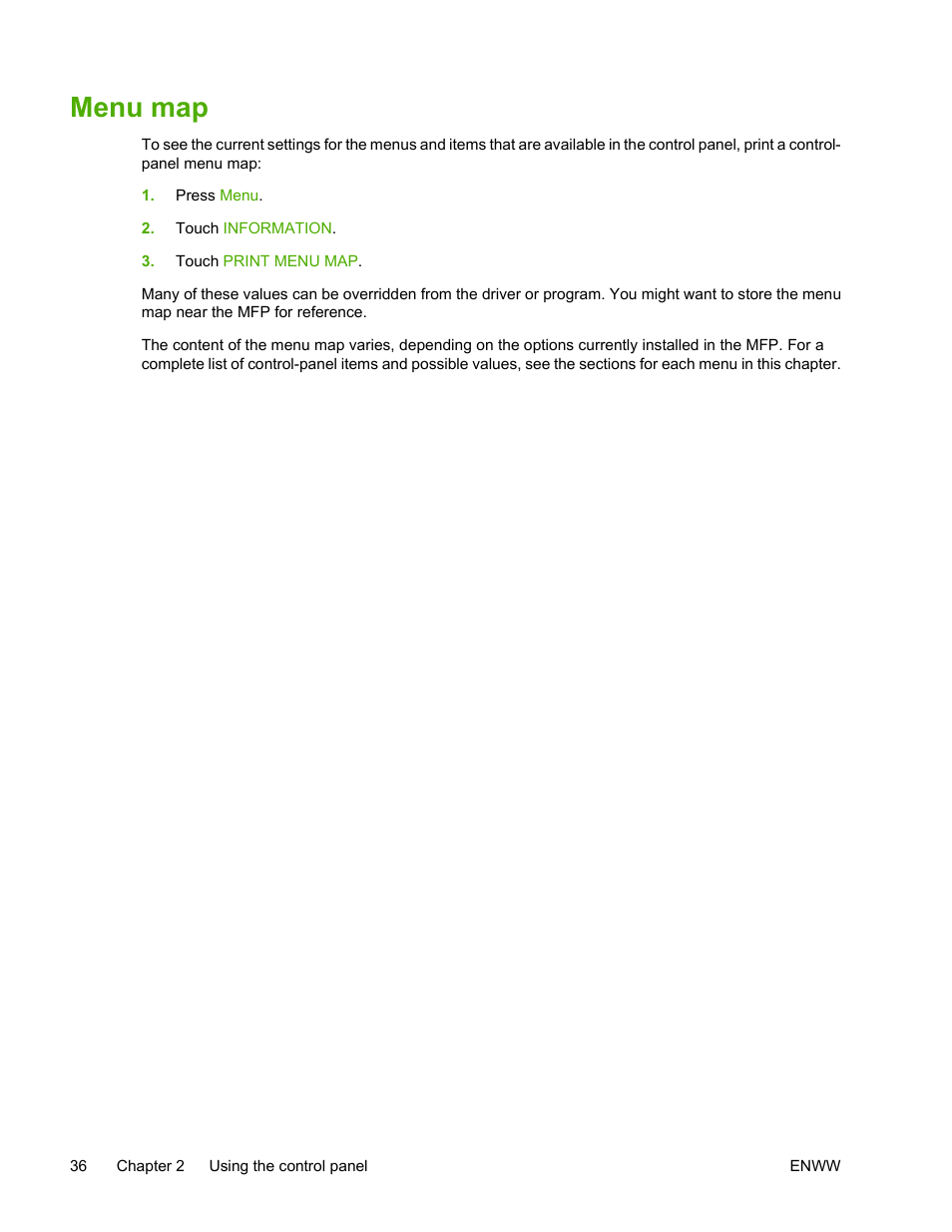 Menu map | HP Color LaserJet 4730 Multifunction Printer series User Manual | Page 56 / 412