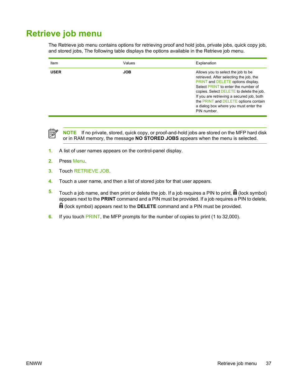 Retrieve job menu | HP Color LaserJet 4730 Multifunction Printer series User Manual | Page 57 / 412