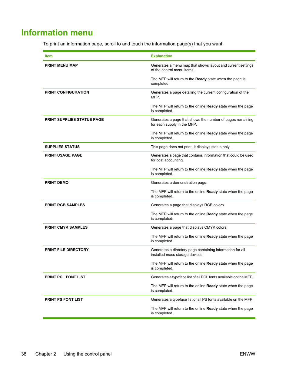 Information menu | HP Color LaserJet 4730 Multifunction Printer series User Manual | Page 58 / 412