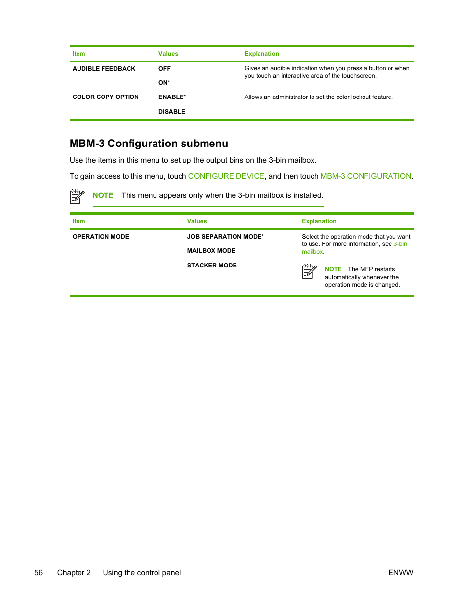 Mbm-3 configuration submenu | HP Color LaserJet 4730 Multifunction Printer series User Manual | Page 76 / 412