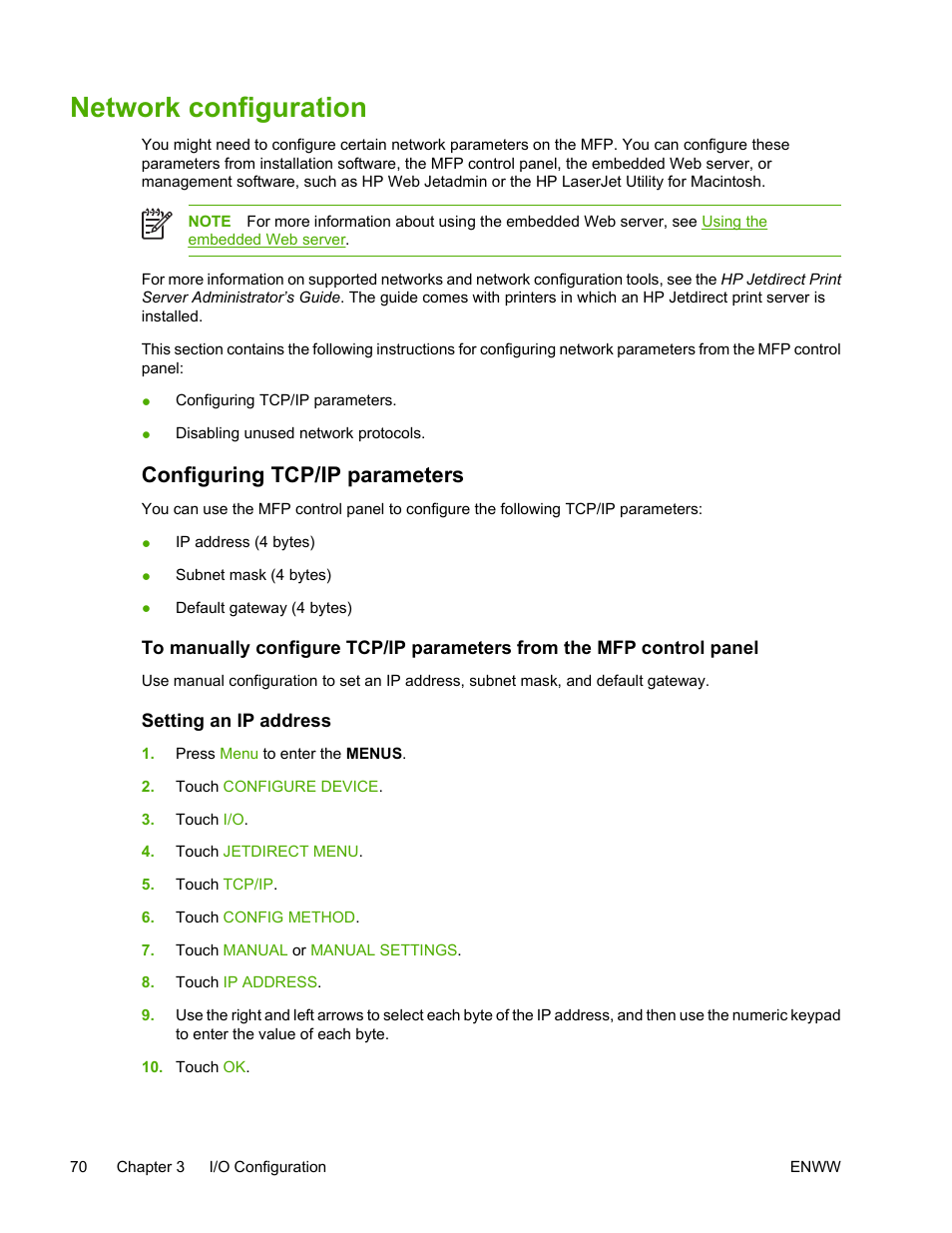 Network configuration, Configuring tcp/ip parameters, Setting an ip address | HP Color LaserJet 4730 Multifunction Printer series User Manual | Page 90 / 412