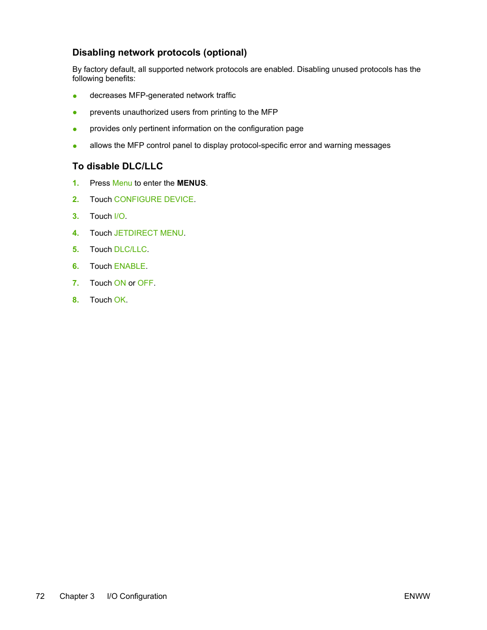 Disabling network protocols (optional), To disable dlc/llc | HP Color LaserJet 4730 Multifunction Printer series User Manual | Page 92 / 412