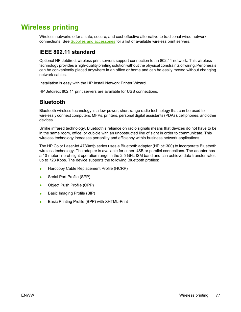 Wireless printing, Ieee 802.11 standard, Bluetooth | Ieee 802.11 standard bluetooth | HP Color LaserJet 4730 Multifunction Printer series User Manual | Page 97 / 412