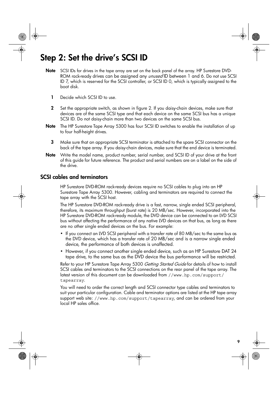 Step 2: set the drive's scsi id | HP Surestore DVD-ROM Tape Array Module User Manual | Page 11 / 24
