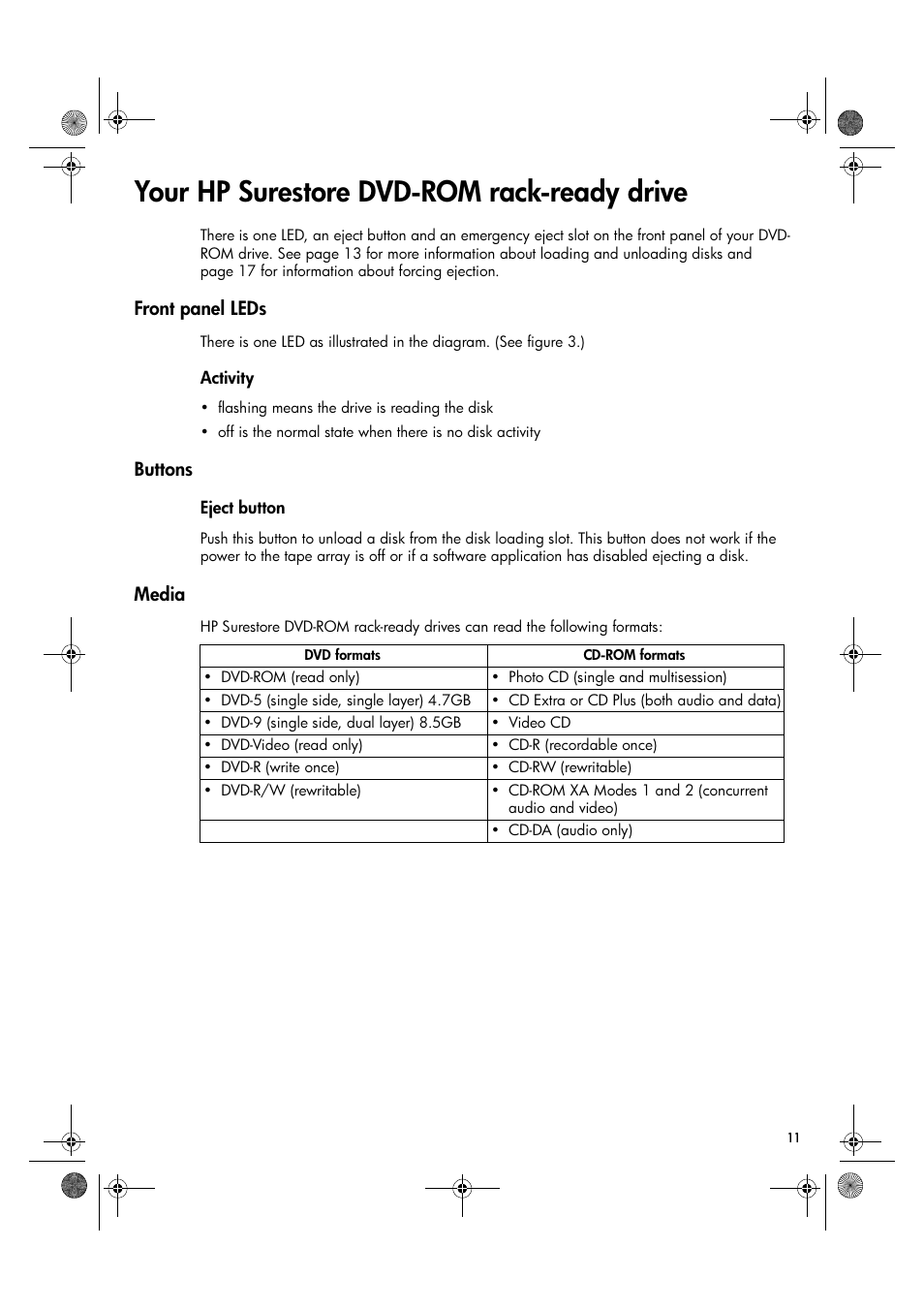Your hp surestore dvd-rom rack-ready drive, Activity, Eject button | HP Surestore DVD-ROM Tape Array Module User Manual | Page 13 / 24