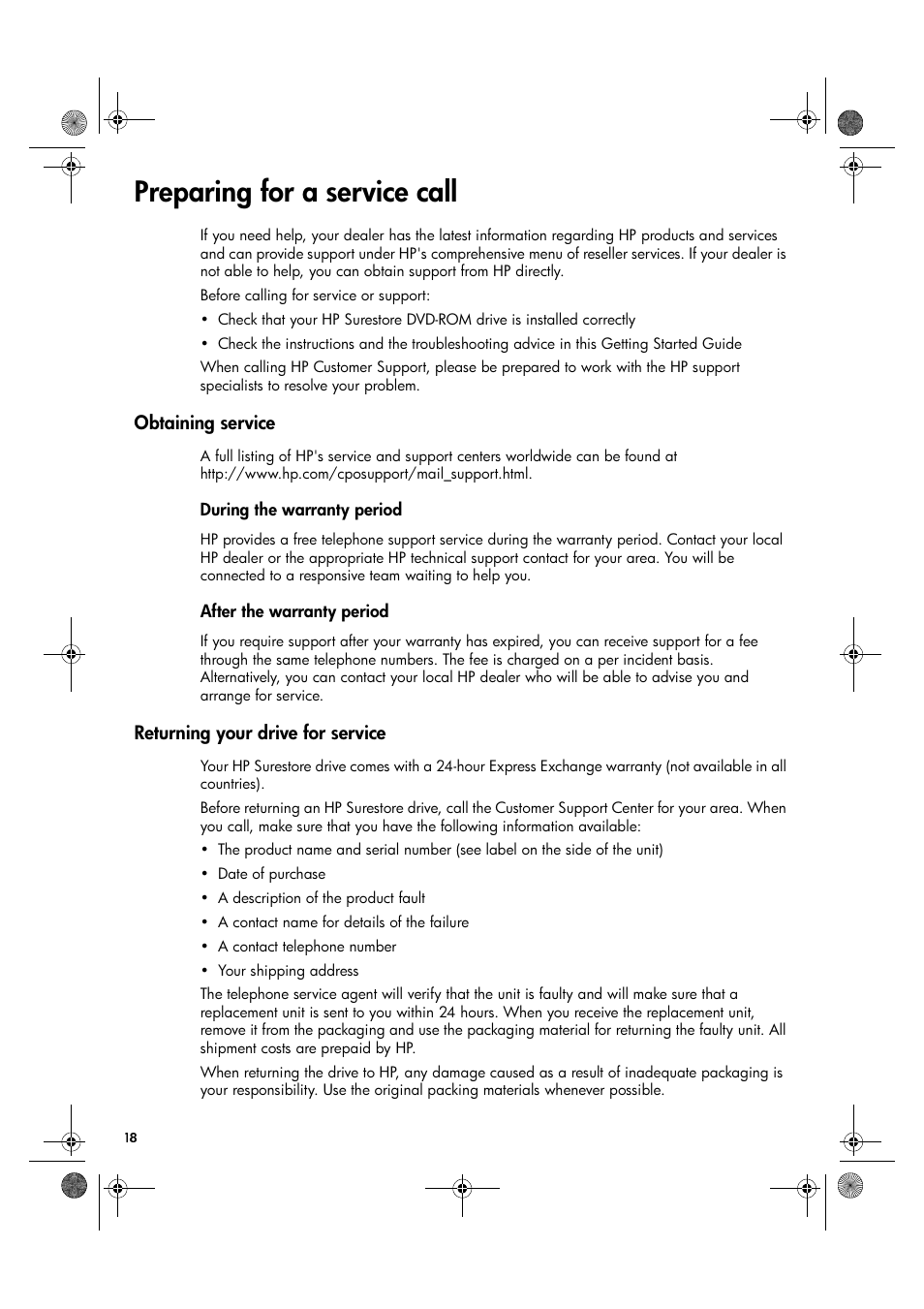 Preparing for a service call, During the warranty period, After the warranty period | HP Surestore DVD-ROM Tape Array Module User Manual | Page 20 / 24
