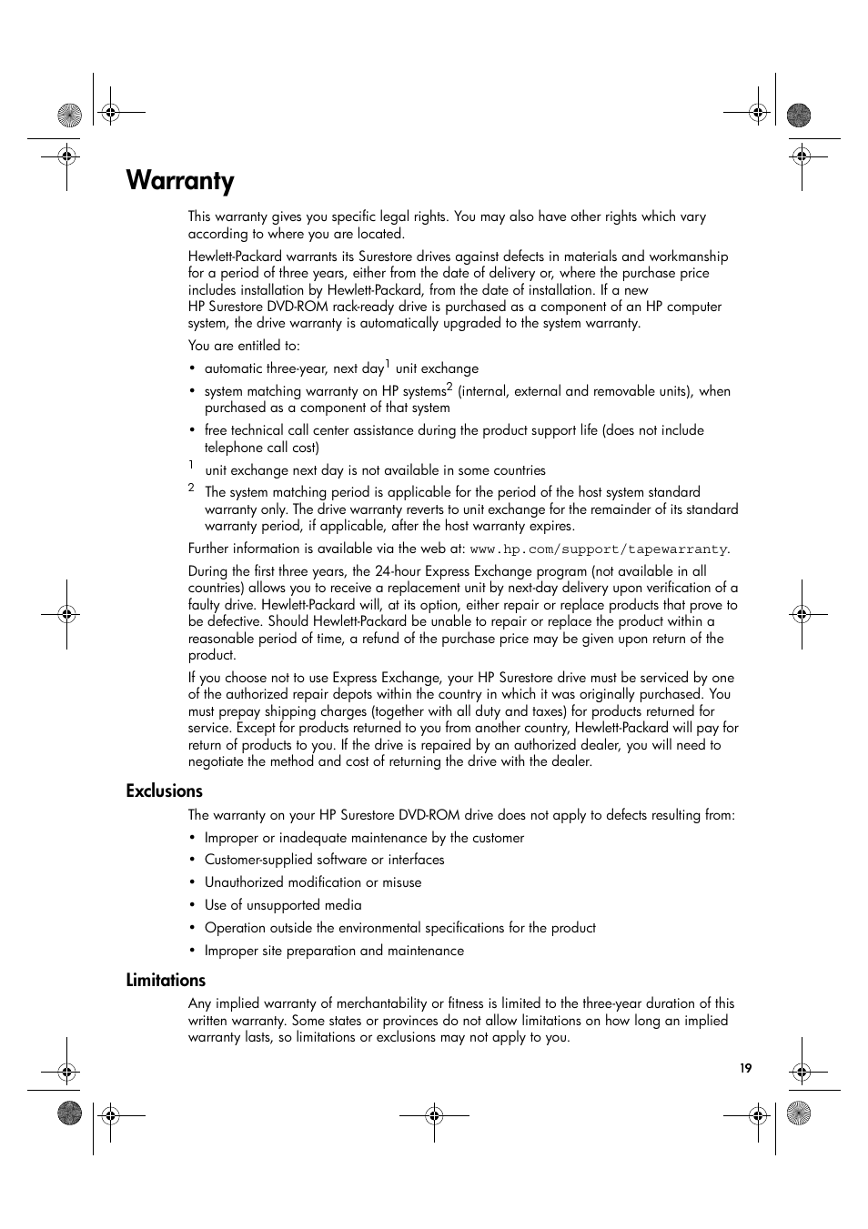 Warranty | HP Surestore DVD-ROM Tape Array Module User Manual | Page 21 / 24