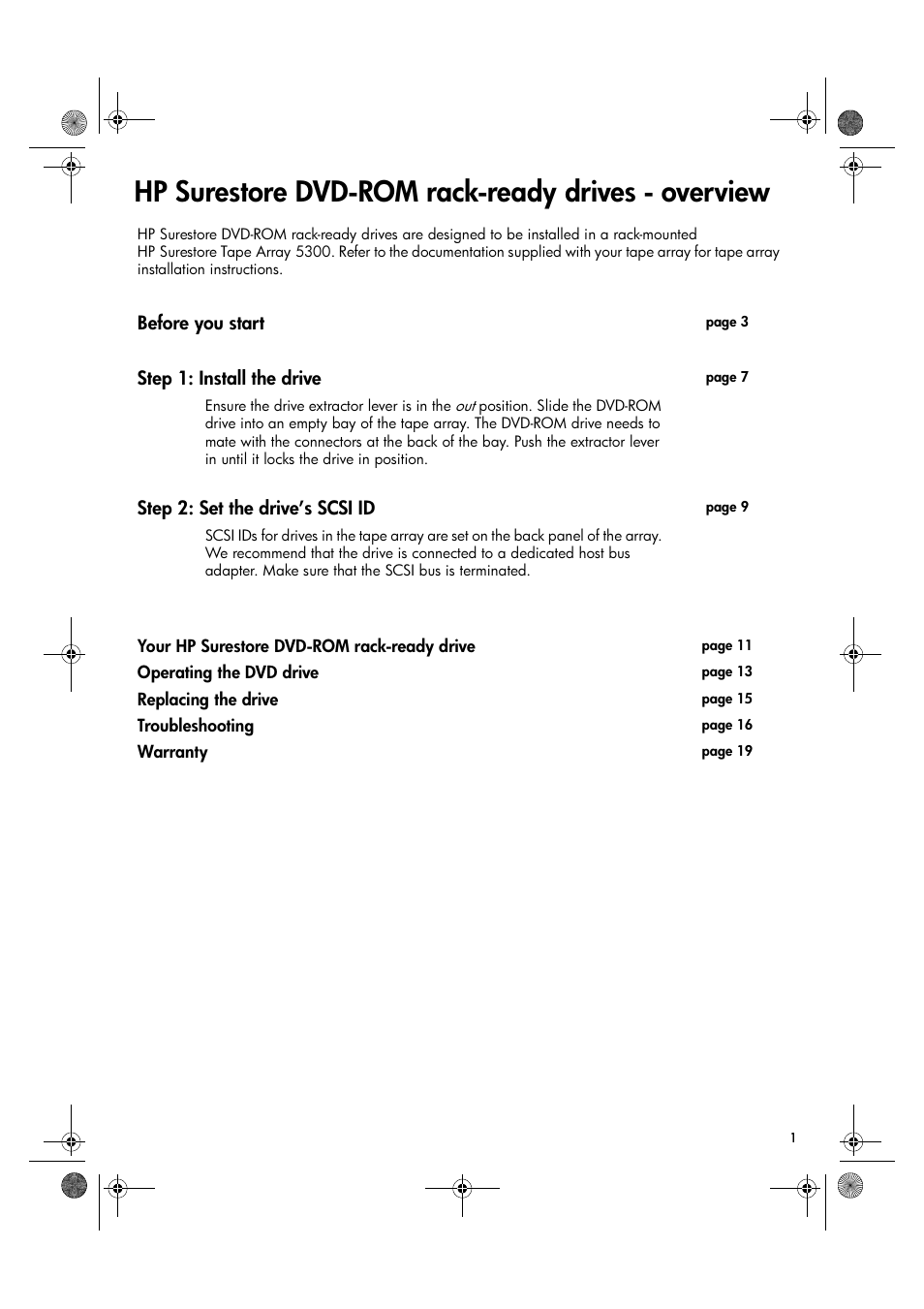 Hp surestore dvd-rom rack-ready drives - overview, Your hp surestore dvd-rom rack-ready drive, Operating the dvd drive | Replacing the drive, Troubleshooting, Warranty | HP Surestore DVD-ROM Tape Array Module User Manual | Page 3 / 24