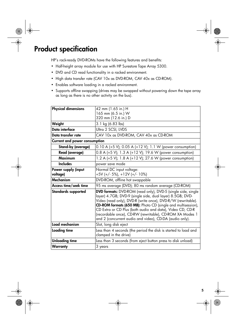 Product specification, D-rw, D-rom xa | HP Surestore DVD-ROM Tape Array Module User Manual | Page 7 / 24